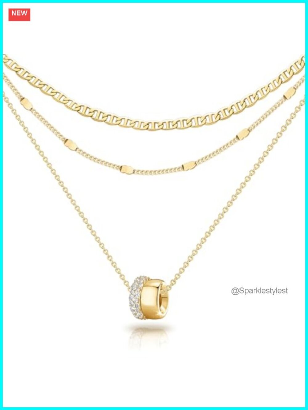 14K Gold Plated Layered Necklace Set Mariner Chain CZ Rondelle Pendant